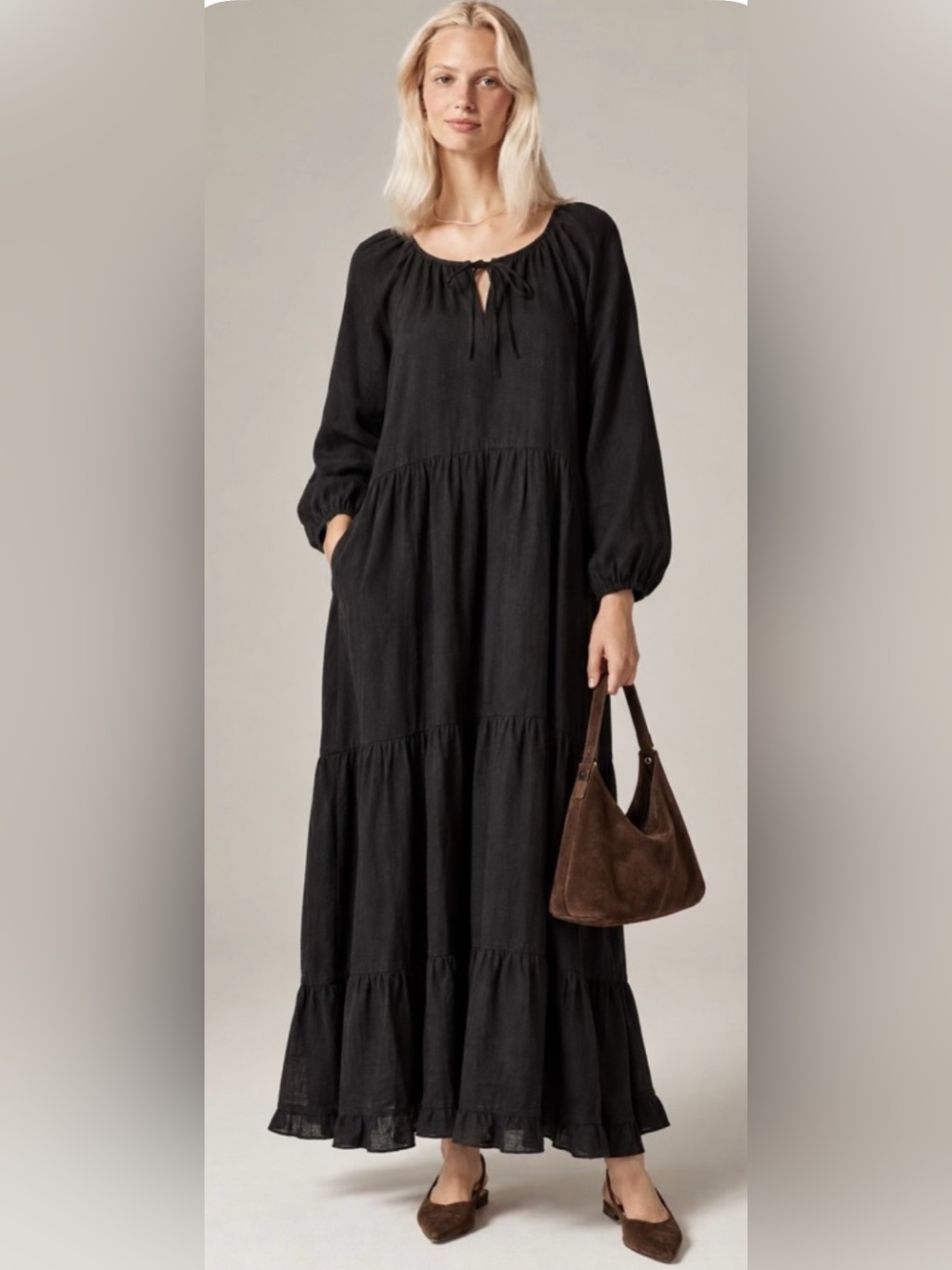 J. Crew 100% Linen Tiered Black Maxi Dress Size L/XL NWT Pockets Coastal Peasant